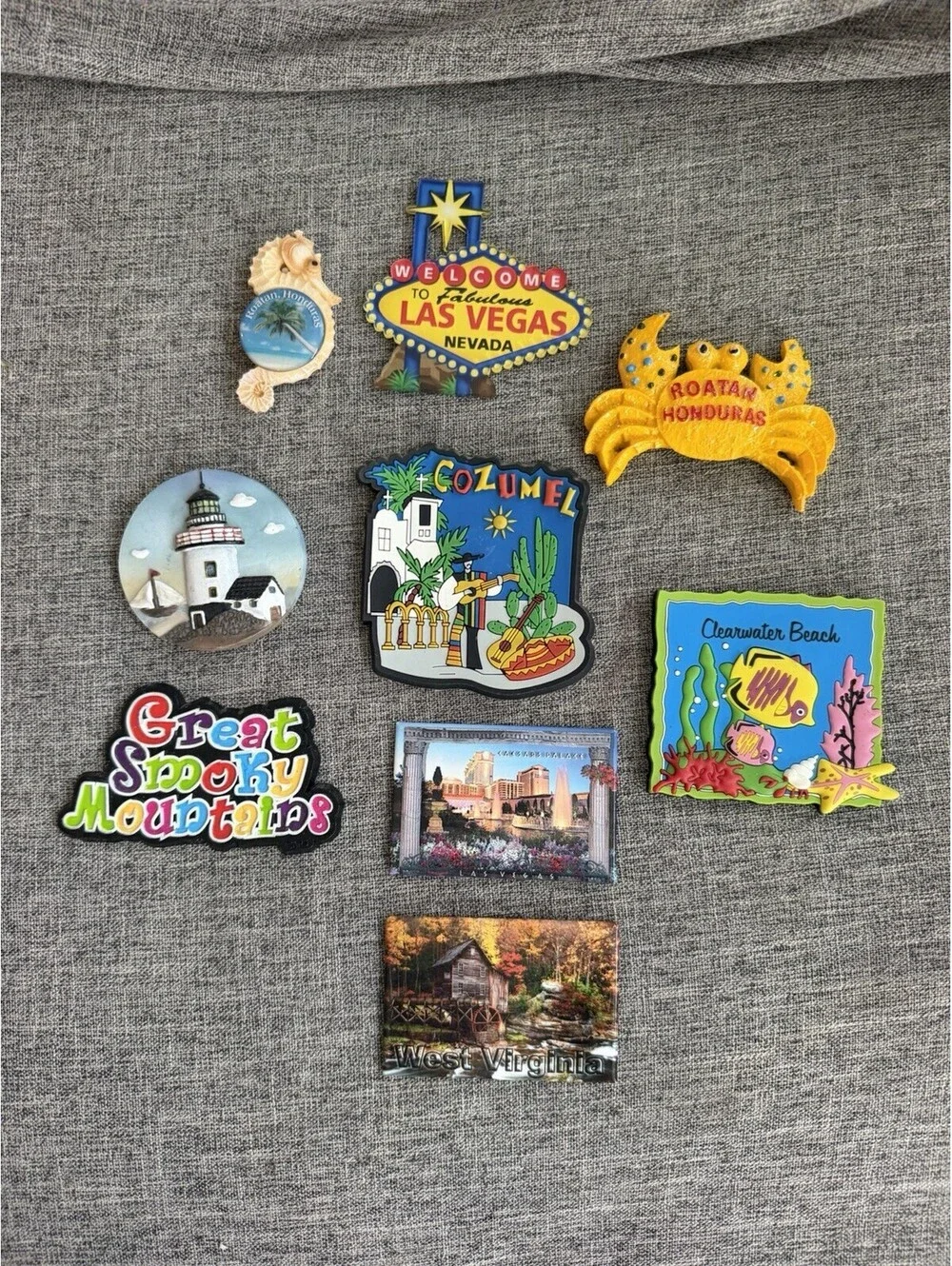 Souvenir Magnet Lot Of 9 Las Vegas Cozumel Roatan Smokey Mountains More